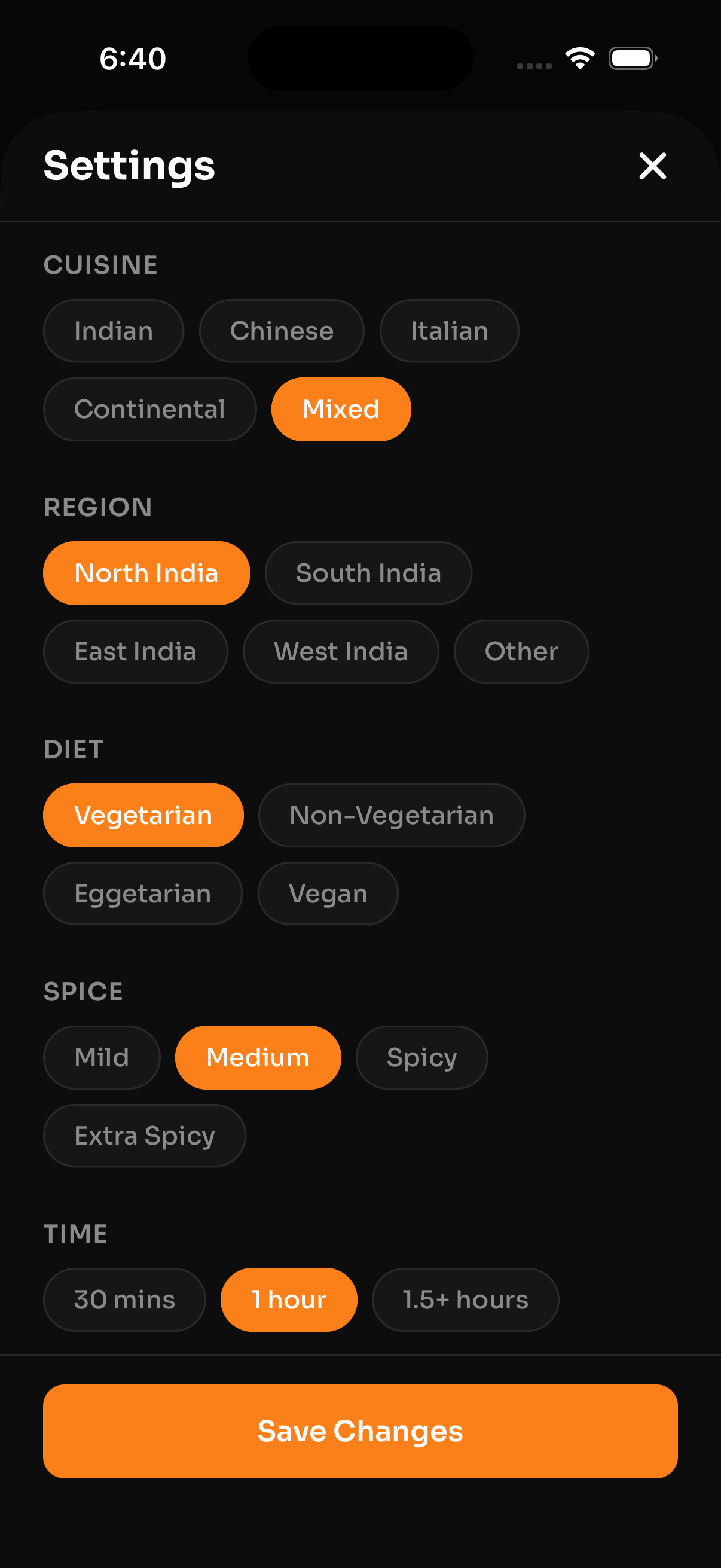 Settings screen with preferences
